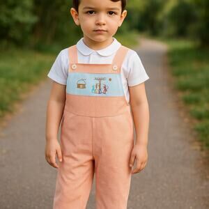 Mom & Me Boys Romper‎ Sz 18 Months Orange White Gingham House Winter Scene NEW